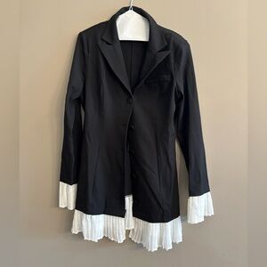 Women’s Black Blazer Dress with Pleated White Hem